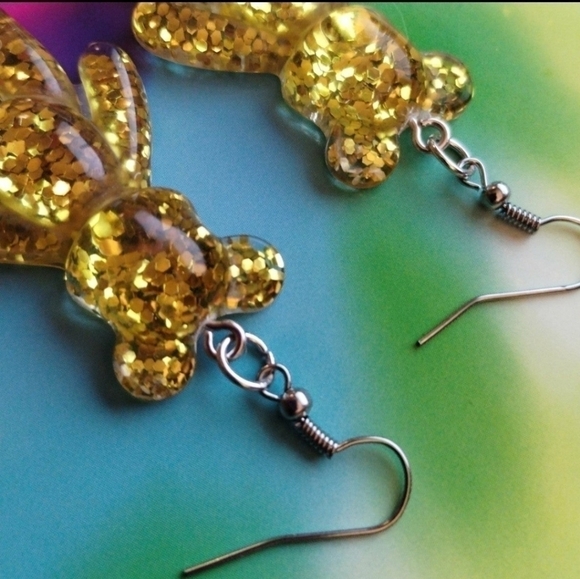 HANDMADE Gold Glitter Teddy Bear Earrings - Picture 3 of 5